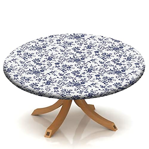 Blue Floral Fitted Tablecloth Round with Elastic, Pastoral Style Floral Spring Edge Table Cover Pad for Outdoor Picnic Party or Indoor Kitchen Patio Dining Table Decor Fits Tables Up to 40" Diameter - color: Blue, size: 36" (Round)