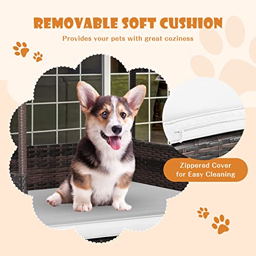 Giantex Wicker Dog House, Raised Rattan Dog Bed with Waterproof Roof, Washable Cushion Cover, Steel Frame, Indoor Outdoor Elevated Dog Bed Pet House for Small Medium Dogs Cats, Easy Assembly - style: Brown House & White Cushion