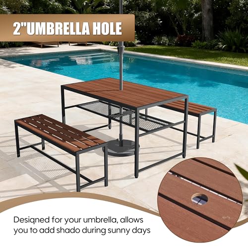 55'' Outdoor Picnic Table and Bench Set with 2" Umbrella Hole and Storage Shelf, Patio Dining Set for 6 People, Outdoor Dining Table and Chair for Garden Yard Porch- Brown