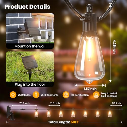 50FT Solar String Lights Outdoor Waterproof IP65 with USB-Charging , Solar Powered LED Patio Lights with 25+2 Shatterproof ST38 Edison Bulbs, Hanging Lights for Outside Backyard Garden Bistro Gazebo - size: Solar-50ft