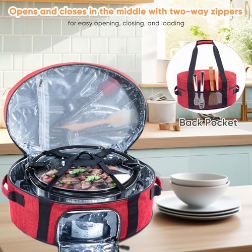 Insulated Slow Cooker Carrying Bag for 6-8 Quart CrockPot and Hamilton Beach Slow Cooker with See-thought Window, Portable Carrier Case with Adjustable Band and Accessory Pocket - color: Red