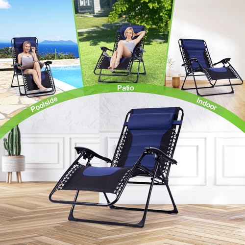 Backyard Expressions Deluxe XL Padded Recliner Zero Gravity Chair – Ergonomic Anti-Gravity Lounger with Folding Design, Side Tray, and Adjustable Headrest - color: Black/Blue