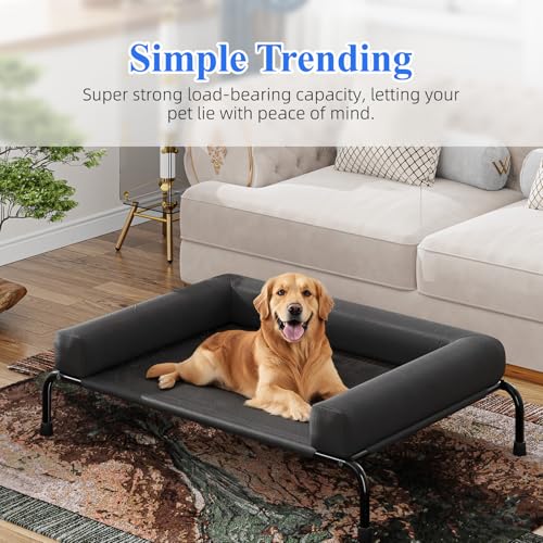 Simple Trending Elevated Dog Bed for Large Dogs, Cooling Raised Dog Cot with Bolsters, Breathable Pet Bed for Outdoor, 47.75" x 31", Black - color: Black