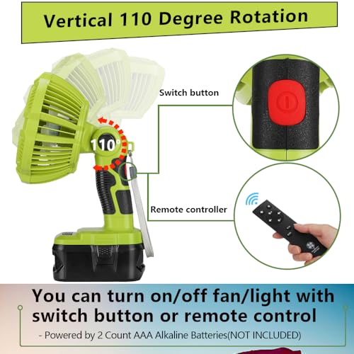 18V Cordless Fan Compatible with Ryobi 18V Battery, Battery Operated Fan for Camping with LED Light, Remote, 3 Wind/Brightness Modes, Timer for Tent Camping - style: Style 1