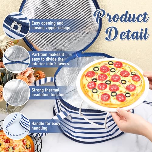 Pickmesh Round Pie Carrier 12 x 7 Inch Insulated Casserole Carriers with Lid and Detachable Handle for Hot or Cold Food Cake Transport Thanksgiving Christmas Gift (Blue White Stripes) - color: Blue White Stripes
