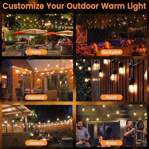 48ft Outdoor String Lights with Remote & Dimmer,24+2 Commercial Grade IP65 Waterproof Bulbs, 2700K Warm White,3 Lighting Modes & Timer,Includes 30 Cable Ties for Patio,Garden, Party - size: 48FT with 24+2Bulbs(2FT Bulbs Spacing)