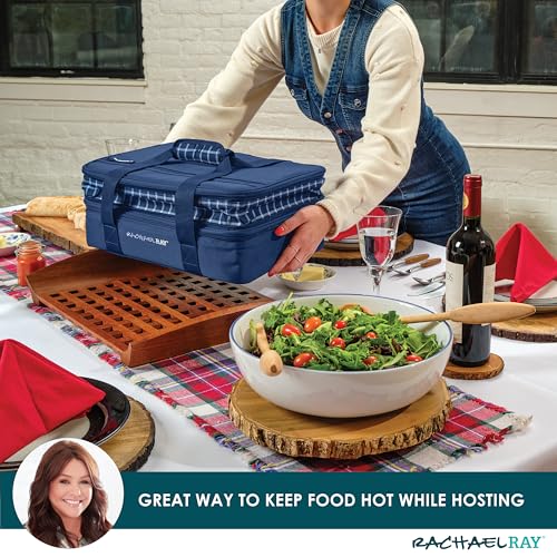 Rachael Ray Expandable Insulated Casserole Carrier for Hot or Cold Food, Thermal Lasagna Lugger Tote for Potluck, Parties, Picnic, and Cookouts, Fits 9" x 13" Baking Dish - color: Blue Gingham