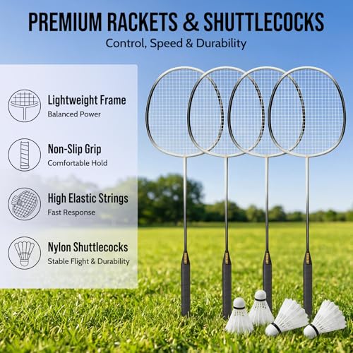 Badminton Set for Backyard, Outdoor Badminton Net with Anti-Sag Design, 4 Professional Badminton Rackets, 4 Shuttlecocks and Carry Bag for Lawn or Beach - color: A-Yellow