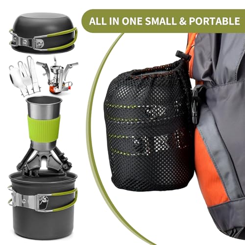 aiGear 8pcs Camping Cookware Mess Kit, Camping Pot and Pan Set with Mini Backpacking Stove, Stainless Steel Cup, Spork and Tank Bracket, Cooking Gear for Hiking Camping Outdoor Picnic - color: Green