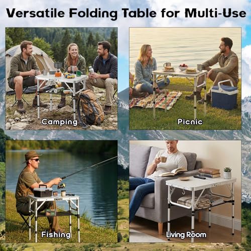 YihuiKo Folding Camping Table, Aluminum 24" x 16" Adjustable Height Max 27.5" with Carrying Handle, Lightweight, Portable Camping Table for Outdoor Indoor Picnic Beach, Silver - size: 24"L x 16"W x 27"H Silver