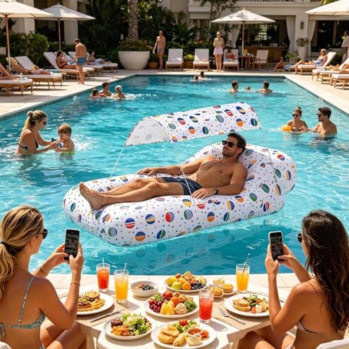 Air Lounger Sofa - Inflatable Camping Couch with Built in Sun Shade Canopy, No Pump Blow Up Air Bed Lounge Chair for Outdoor Travel Beach Picnic Backyard Hiking Relax Portable Resting Furniture
