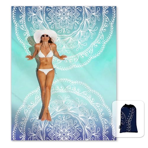 Sunlit Silky Soft Sand Proof Beach Blanket 106"x81" / 85"x72" Sand Proof Mat with Corner Pockets and Mesh Bag for Beach Party, Travel, Camping and Outdoor Music Festival, Mandala - color: Ombre Blue, size: 106"x81"