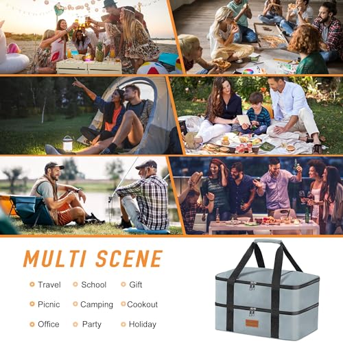 Double Decker Insulated Casserole Carrier for Hot or Cold Food, Food Warmer Bag for Potluck Parties/Picnic/Cookouts, Fits 9"x13" Baking Dish, Leak Proof Travel Food Containers, Durable Nylon, Grey - color: grey-2