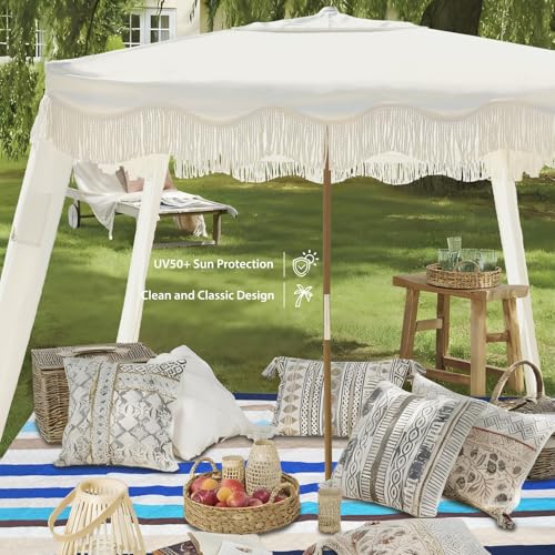AMMSUN Beach Cabana with Blanket, 7' x 7' Boho Canopy with Tassels, Premium Wood Pole, Fringe Cabana Tent with Sand Pockets, Instant Sun Shade for Sand, Garden, Outdoor, Elegant White - color: Elegant White with Colorful Beach Blanket