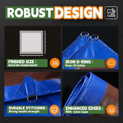 RAINDEWAY Tarp 20x20 Feet Tarps Heavy Duty Waterproof with D-Rings, Reinforced Corners and Edges,UV Resistant,Multipurpose Poly Tarp for Roof,Wood,Camping,Blue/Brown - color: Blue/Brown, size: 20x20 Feet-Finished size