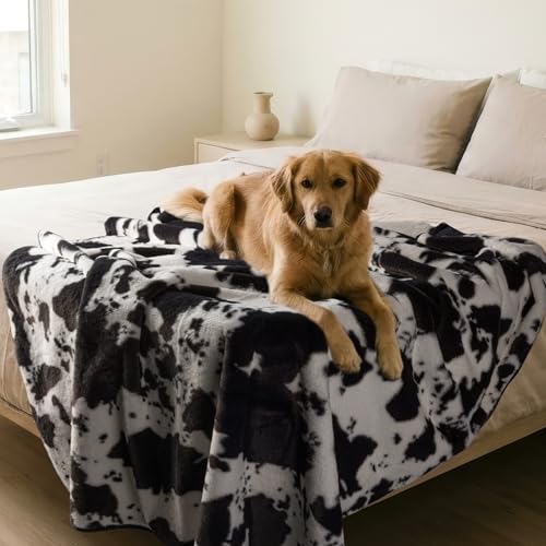 Waterproof Blanket for Bed, Couch, or Car - 60” x 80” Reversible Queen Size Throw Blanket for Reliable Leakproof Furniture Protection - Washable Pet Throws by Lavish Home (Cow Print) - color: Black/White