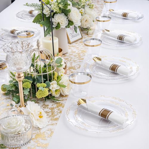 U-QE 100PCS Clear Gold Plastic Plates - Disposable Heavy Duty Clear Plates with Gold Rim Including 50PCS 10'' Dinner Plates & 50PCS 7.5'' Dessert Plates Perfect for Party, Weddings - color: Clear Gold
