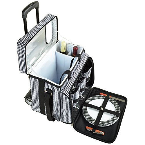 Picnic at Ascot Original Insulated Picnic Cooler with Service for 4 on Wheels-Designed & Assembled in the USA - color: Houndstooth