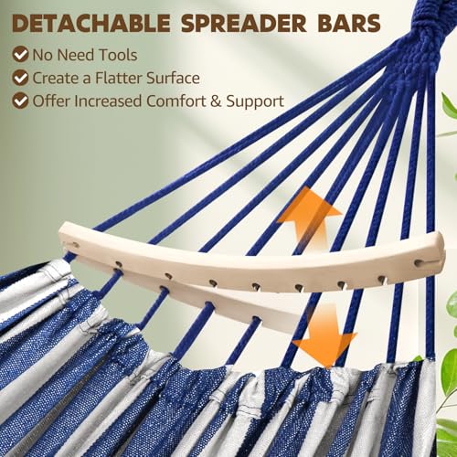 Chihee Cotton Hammock Holds Up to 660lbs Fabric Hammock 8.9x4.9ft Soft Portable Tree Hammocks Camping with Detachable Spreader Bar Pillow 2 Strong Webbings 2 Carabiners Indoor Outdoor Backyard Garden - color: Blue/White Stripes, size: 270x150cm