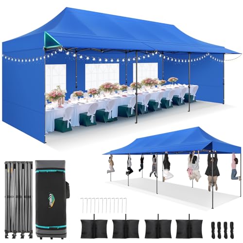 COBIZI 10x30 Pop Up Canopy Tent with Awning & Sidewalls, Heavy Duty Commercial 10X30 Canopy Tents Instant Waterproof, UPF 50+ Sun Shade for Outdoor, Parties, Markets (Blue) - color: Blue, size: 10x30FT with 5 Sidewalls & 3 Awning Cloth