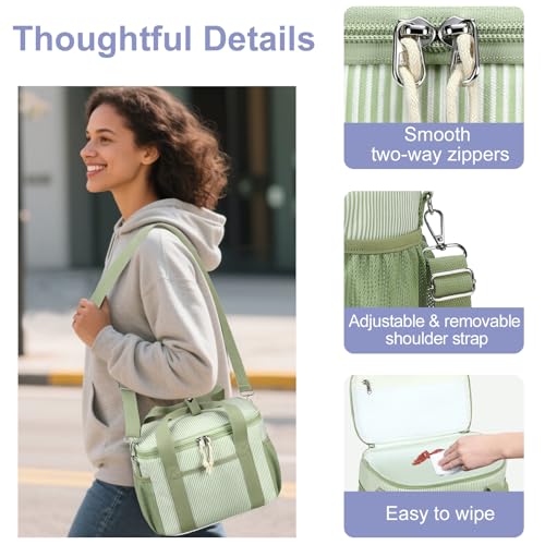 BTOOP Insulated Lunch Bag for Women, Cute Leakproof Lunch Box, Aesthetic Lunch Tote Bag with Large Capacity Shoulder Strap for Work, School, Picnic Green White Stripes - color: Green White Stripes, size: Medium