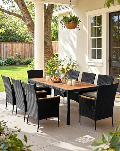 Flamaker 9 Piece Patio Dining Set Outdoor Acacia Wood Table and Chairs with Soft Cushions Wicker Patio Furniture for Deck, Backyard, Garden - color: Black, size: 9 Piece