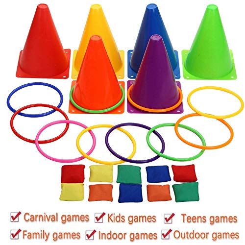 Win SPORTS 3 in 1 Carnival Outdoor Games Combo Set, Soft Plastic Cones Cornhole Bean Bags Ring Toss Games,for Kids Adults Indoor Outdoor Birthday Party Lawn Games Supplies (26 Pieces