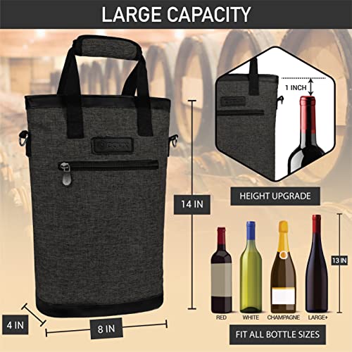 opux Two Bottle Wine Bag Carrier Tote, Insulated Leakproof 2 Bottle Wine Cooler Bag for Travel BYOB Picnic, Portable Wine Case, Gift for Men Women Wine Lover Birthday Party Christmas, Charcoal Gray - color: Charcoal Gray