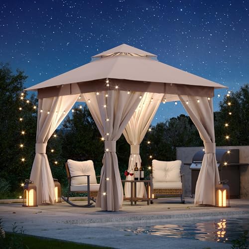 LAUSAINT HOME Gazebo 8x8ft, Heavy Duty Patio Gazebo with Expansion Bolts, Party Canopy Tent with Double Roofs, Mosquito Nettings and Privacy Screens for Backyard, Garden, Lawn, Khaki - color: Khaki, size: 8'x8'
