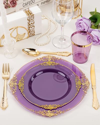 Nervure 350PCS Purple Plastic Plates - Purple Plastic Dinnerware Sets for 50 Guests - 100 Disposable Plates, 150 Gold Silverware, 50 Cups, 50 Napkins for Wedding & Party - color: Purple