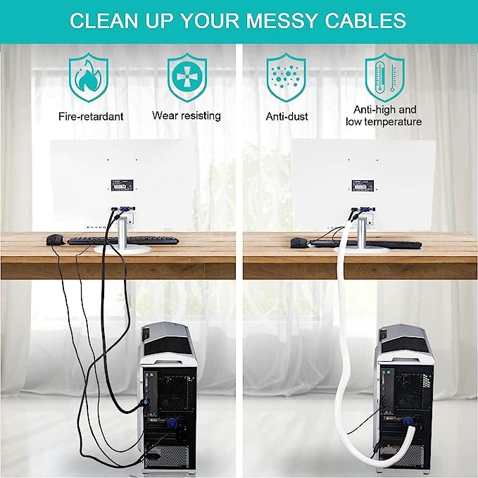 20ft - 1 inch White Cable Sleeve, Cable Organizer for Desk PC TV Computer, Wire Protector Cable Wrap Cover, Cord Management for Home Office - color: White, size: 20ft, 1''