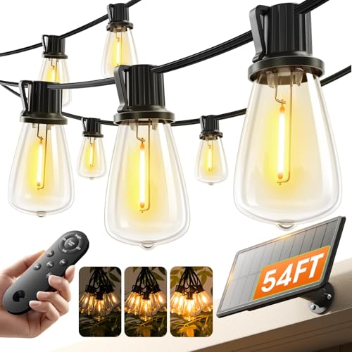 KYY 54FT Solar String Lights Outdoor Waterproof with USB Charging & Remote, Dimmable & Timable, Solar Powered Patio Lights with LED Shatterproof Bulbs for Deck Backyard Porch Garden Camping - size: 48+6FT(16 Sockets)