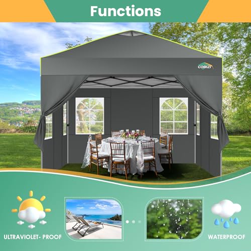 COBIZI 10x10 Pop Up Canopy Tent, Outdoor Party Tent with 4 Sidewall One Push Setup Glow, 3 Adjustable Height Air Vent Waterproof UPF50+, Bag, 4 Sandbag, 8 Stake, 4 Rope for Beach, Commercial - color: Gray, size: 10x10 with 4 Sidewalls