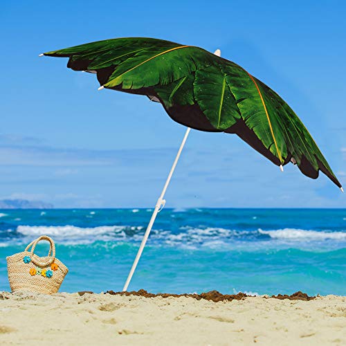 Beach Umbrella with Sand Anchor & Carry Bag, 6.5 Foot Patio Outdoor Umbrella with Wind Vent Canopy and Push Button Tilt, Ideal for Travel Garden Lawn, UPF 50+ (Banana Leaf)