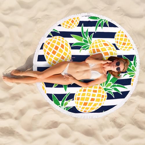 Benefeet Sox Beach Towel Large Round Mandala Pool Towels Tassels Microfiber Quick Dry Beach Blanket Throw Bohemian Roundie Swim Pool Circle Towel, 59 Inches - color: White Navy Striped Yellow Pineapple