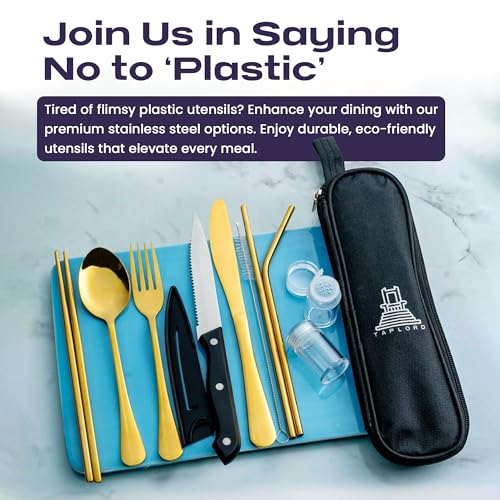 Taplord Portable Travel Silverware Set With Case, Includes 10 Pcs of Travel Utensils With Case, Stainless Steel Flatware Set For Camping, Lightweight (Gold) - color: Gold, size: 10 Pieces