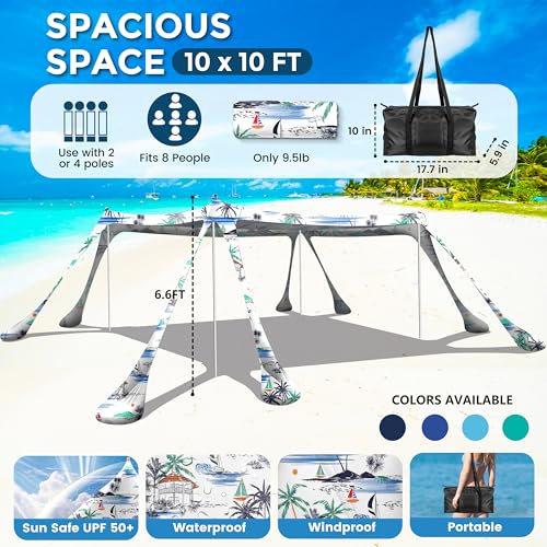 Beach Canopy Beach Tent Pop Up Shade 10x10ft Sun Shelter UPF50+ with 8 Sandbags-2 Sand Shovel-4 Aluminum Poles-Ground Pegs-Portable Carrying Bag for Outdoor Family Camping Fishing Yard Picnic - color: Coconut Tree