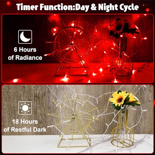 cshare String Lights Outdoor Waterproof 9.8ft 30 LED, Red Fairy Lights Battery Operated with Timer Clear Wire for Indoor & Outdoor Christmas Vanlentines Decorations Garland Party Garden - color: Red