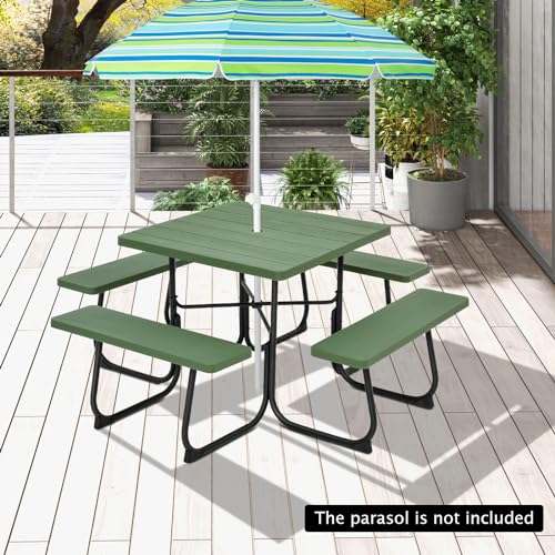 Giantex Picnic Table Set for 8 Persons, Outdoor Table and Bench with Umbrella Hole, HDPE Top & Metal Frame, 500LBS Capacity, Square Patio Table Bench for Deck Backyard Garden (Green) - color: Green, size: Square-35"x35"x30"