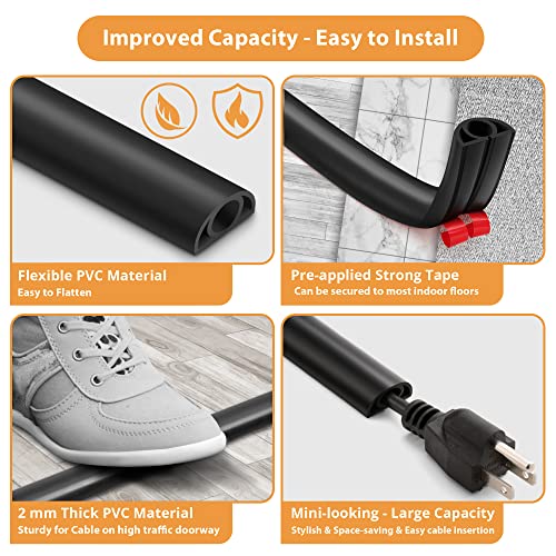 5ft Cord Cover Floor for Extension Cords, Floor Cable Cover, Self-adhesive Wire Cover to Protect Cables & Prevent Tripping, PVC Cord Hider Floor Cord Protector, Internal Channel Diameter: 0.39", Black - color: Black, size: W1'' x L5'