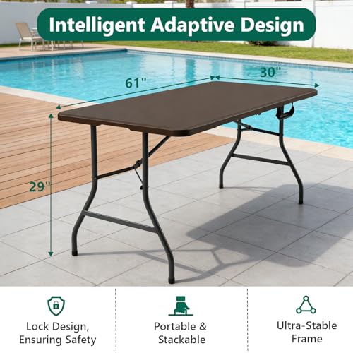 2 Pack Folding Table 5ft - Heavy Duty Plastic Table with Handle, Foldable & Portable, Fold-in-Half Utility Tables for Outdoor, Dining, Wedding, Events, Indoor, Picnic, Camping, Party (Brown) - color: Brown, size: 5ft-2pack