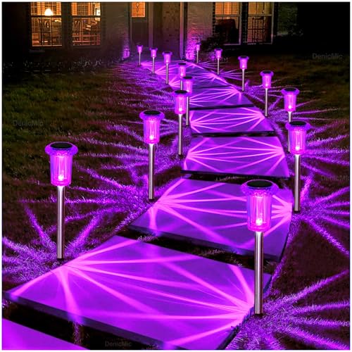 DenicMic Solar Lights Outdoor 10 Pack Waterproof Purple LED Stainless Steel Stake Outside Lights for Yard Pathway Garden Driveway Walkway Landscape Path Lighting Halloween Decorations Outdoor - color: Purple 10Pack