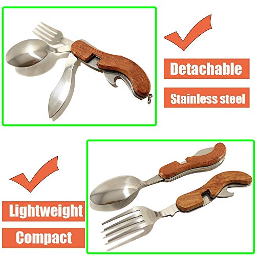 4-in-1 Camping Tableware Utensils, Portable & Detachable Stainless Steel Spoon Fork Knife & Bottle Opener Combo Set - Travel, Backpacking Cutlery Multitool
