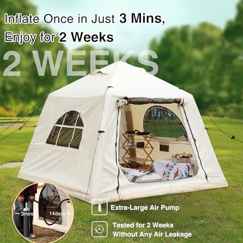 KNUO Inflatable Camping Tent, Large Blow-Up Air Tent, No Assembly Needed Luxury Glamping House, Oxford Fabric - color: Light Beige-Dual-layer Doors, size: 7.8x7.8ft