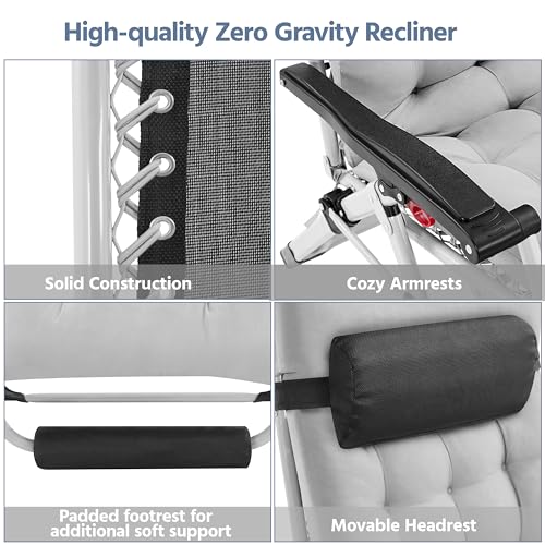 Yaheetech 29in Zero Gravity Chair, Foldable Premium Reclining Lounge Recliner w/Removable Pad & Pillow & Side Accessory Tray for Indoor and Outdoor Gray 1PCS - color: Grey, size: 29"