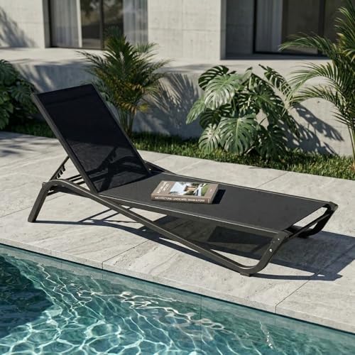 Adjustable Patio Chaise Lounge Chair, Outdoor Pool Lounger for Sunbathing & Tanning, All-Weather Textilene Sun Bed for Beach, Porch & Deck, Rust-Proof Aluminum Frame, Black - color: Black, size: 1 Piece