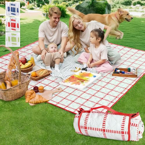 Alvantor® Extra Large Picnic Blanket, 80"x80" Waterproof Outdoor Blanket, Foldable Camping Blanket with Hook & Loop Straps, Portable for Beach, Park, Travel, Sandproof, Soft & Durable,Red - color: Red and White