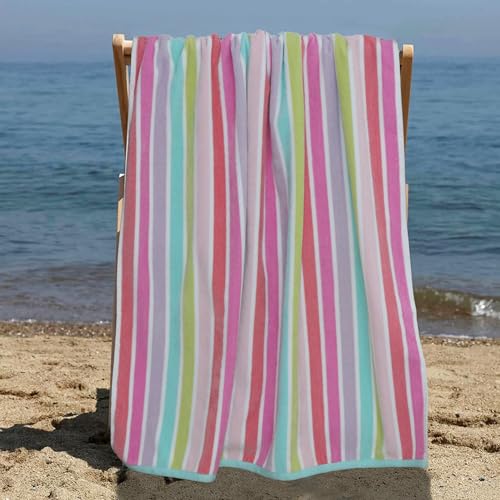 COTTON CRAFT Oversized Beach Towels - 2 Pack XXL 35x84 - The Big Kahuna 7 Foot Extra Large Beach Blanket Towel - Big & Tall - Huge 100% Cotton Velour Soft Pool Bath Luxury Towel - Pink Multi - color: Cabana Stripe - Pink Multi, size: 2 Pack - 35x84