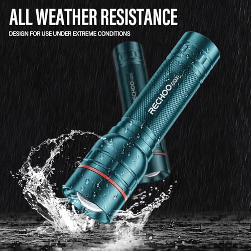 RECHOO Rechargeable Flashlight 2 Pack, Bright Military Grade Torch Light High Lumens with Adjustable Focus & 3 Lighting Modes, Lightweight Waterproof Led Flashlight for Camping Home, Teal Blue - color: Teal Blue, size: 2 Pack