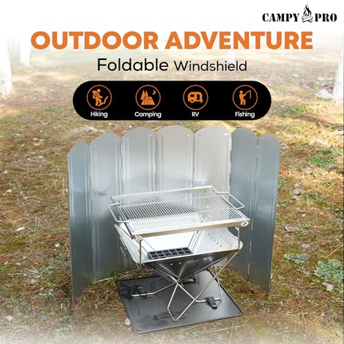 Silver Camping Stove Windscreen, Foldable 8-Panel Wind Blocker with Stakes & Bag, 23.6in (60cm) Portable Windshield, Fire Pit Wind Guard, Campfire, Patio, RV, Outdoor Cooking, Hiking, Picnic
